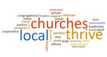 Word cloud of words from article with "local churches thrive" in large text.